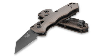 Benchmade Partial Immunity Folding Utility Knife has a Burnt Broze aluminum handle.
